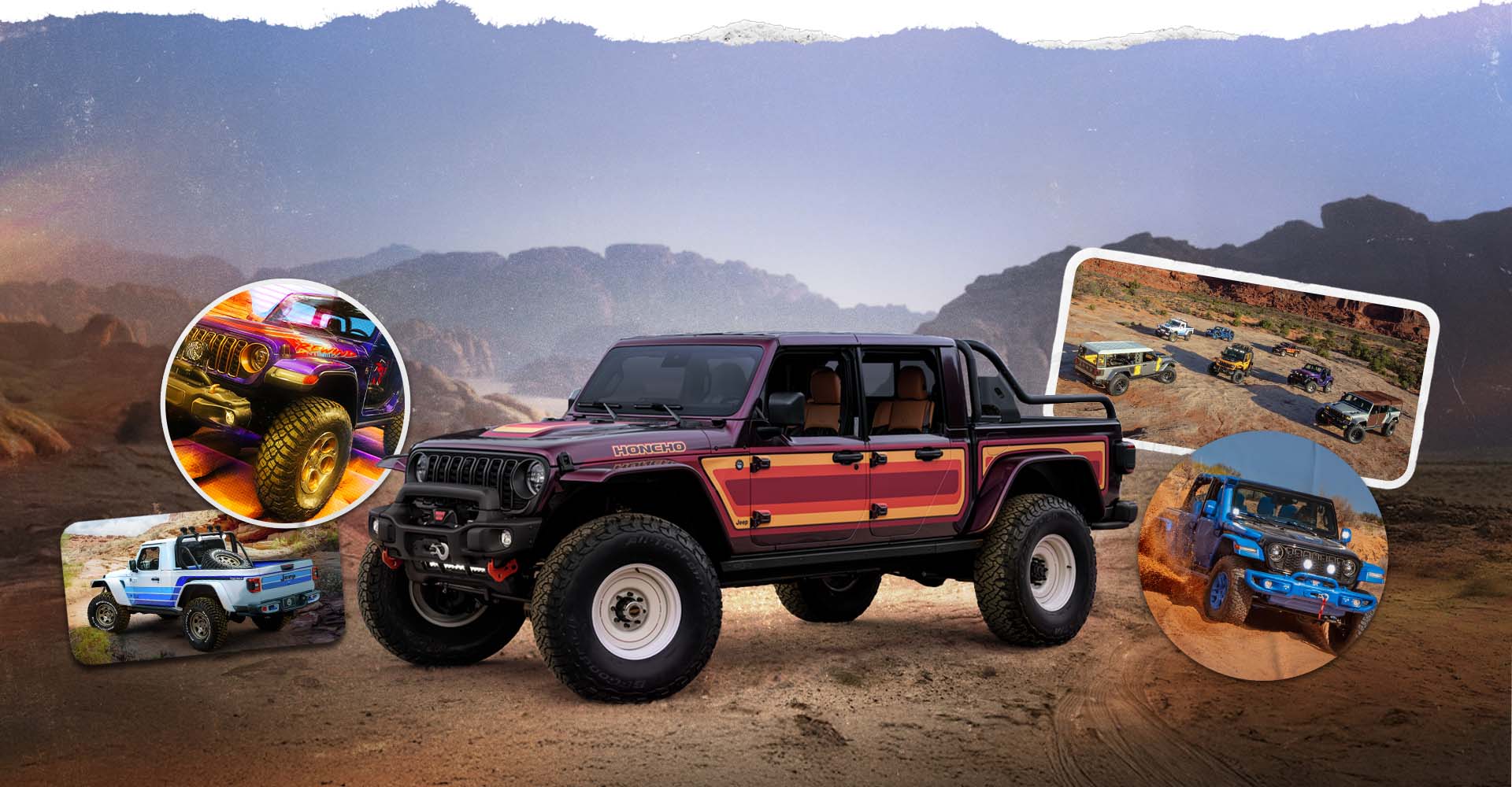 Un vehículo conceptual Jeep Honcho en tonos granate, rojo, naranja y negro, acompañado de cuatro imágenes de vehículos de la marca Jeep en el Easter Jeep Safari.