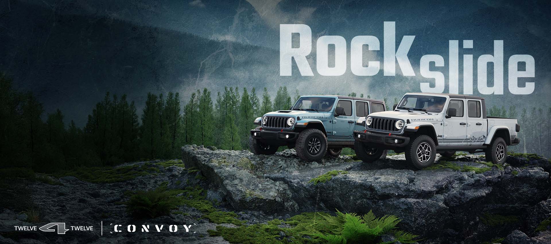 A blue-green 2026 Jeep Wrangler Rubicon Rockslide and a white 2026 Jeep Gladiator Rubicon Rockslide parked beside each other on a stony outcropping in the mountains. Rockslide. 12 for 12. Escolta.