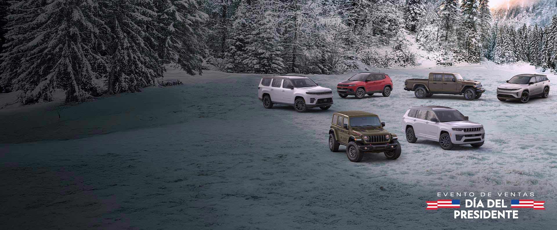 Una línea de seis vehículos Jeep 2025 estacionados en un claro cubierto de nieve, con un bosque de fondo. In the front row: an olive drab Wrangler Rubicon and a white Grand Cherokee Summit. In the back row: a white Grand Wagoneer Summit Obsidian, a red Compass Trailhawk, an olive drab Gladiator Mojave and a white Wagoneer S Launch Edition. El evento de ventas por el Día del Presidente.
