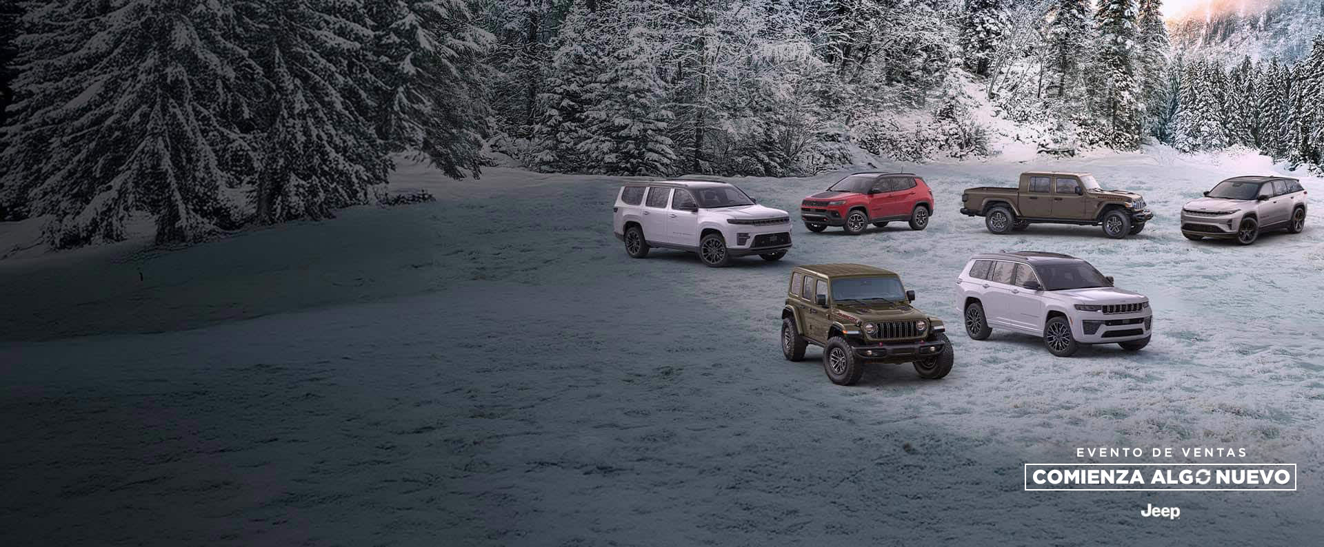 Una línea de seis vehículos Jeep 2025 estacionados en un claro cubierto de nieve, con un bosque de fondo. En la fila delantera: un Wrangler Rubicon X en verde oliva y un Grand Cherokee Summit 2026 blanco. En la fila trasera: un Grand Wagoneer Summit Obsidian 2026 blanco, un Compass Trailhawk rojo, una Gladiator Mojave X en verde oliva y un Wagoneer S Launch Edition plateado. El evento de ventas Comienza algo nuevo. Jeep.