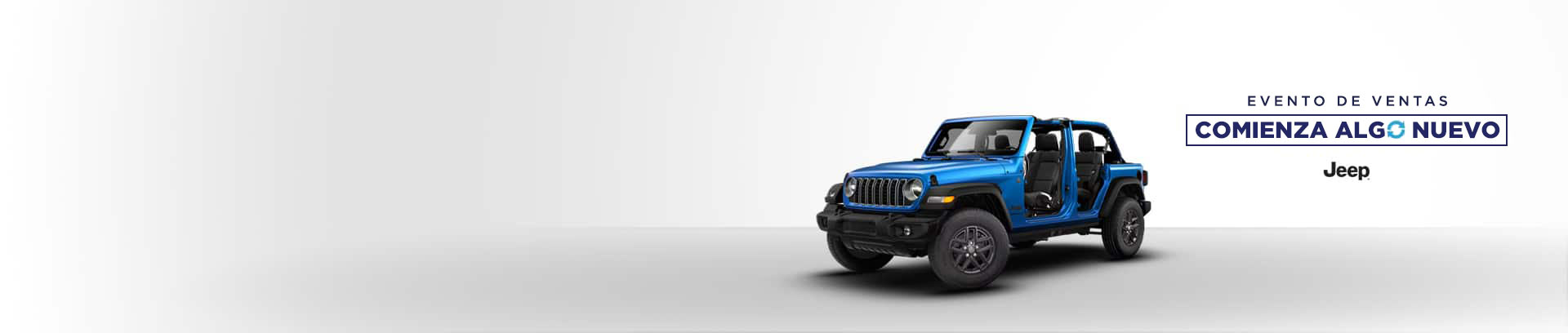 Un Jeep Wrangler Sport S 2026 azul de 4 puertas, con las puertas y el techo desmontados. El evento de ventas Comienza algo nuevo. Jeep