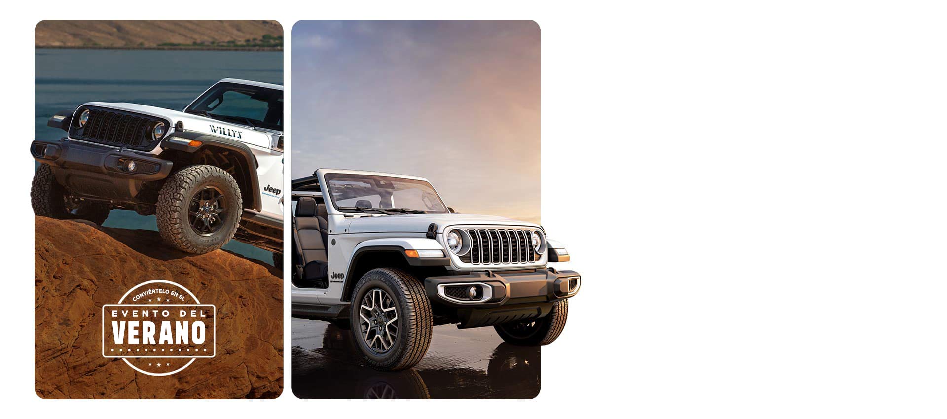 Imagen de la izquierda Un Jeep Wrangler Willys 4xe 2025 blanco, con las puertas y el techo desmontados, subiendo por una duna de arena. Conviértelo en el evento del verano. Imagen a la derecha Un Wrangler Sahara 2025 blanco. Ambos vehículos tienen las puertas y los techos desmontados. Conviértelo en el evento del verano.